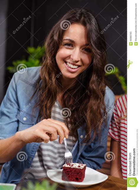 Smiling Brunette Enjoying A Pastry Stock Image Image Of Happy Fork