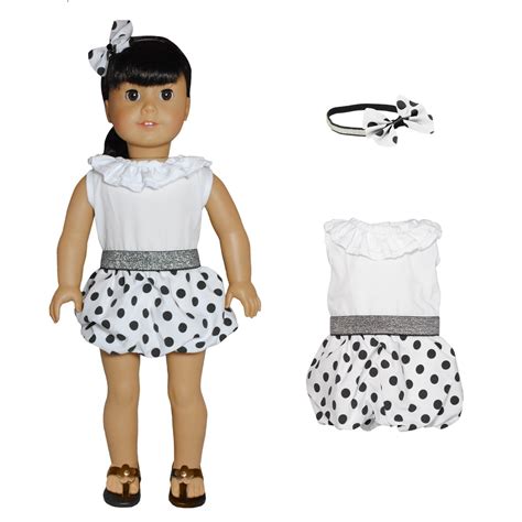 Doll Clothes White Polka Dots Dress With Head Band Set
