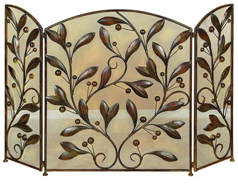 Decmode Large 3 Panel Brown Metal Fireplace Screen With Vines