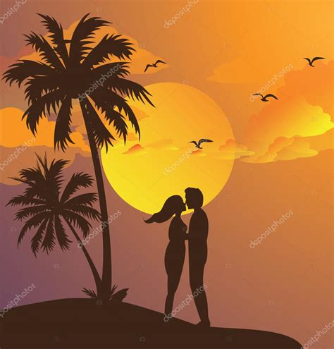 Couple Kissing Silhouette Sunset On Beach Romantic Moment Yellow Sky Palm Tree — Stock Vector