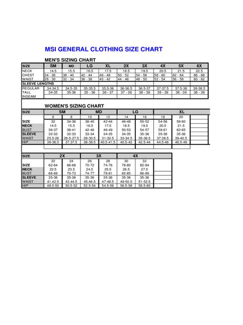 Clothing Size Chart Fillable Printable Pdf Forms Handypdf