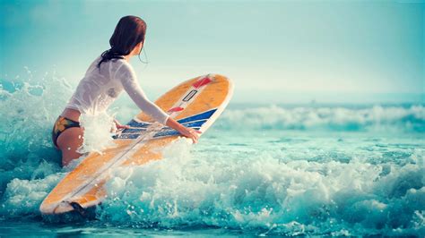 Wallpaper Surfing Girl Sea Wave Sport Livewallpaperswide Com