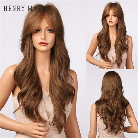 Ombre Brown Blonde Wig Long Deep Wavy Synthetic Wig With Bangs For