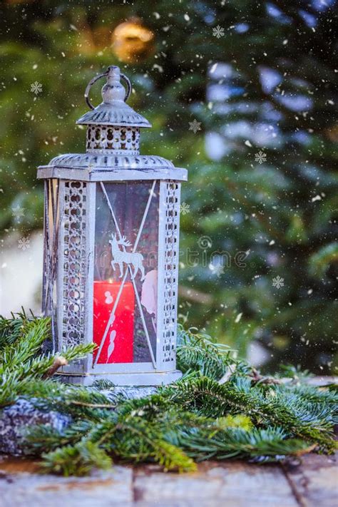 Magical Christmas Market Decoration Lantern With A Candle And Fir