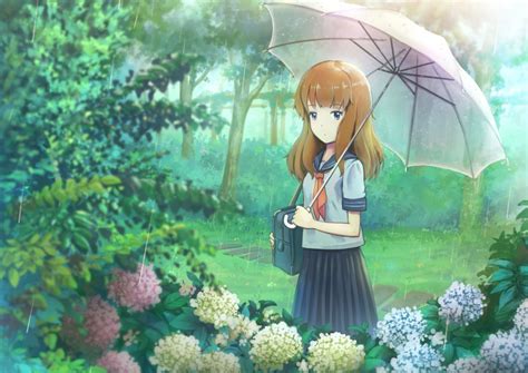 Wallpaper Anime Girl Flowers Umbrella Raining School Uniform