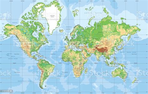 Physical World Map In Mercator Projection Stock Illustration Download