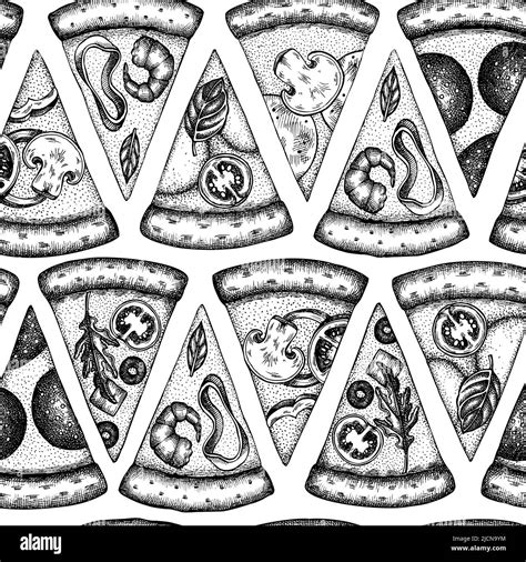 Pizza Seamless Pattern Background Design Engraved Style Hand Drawn