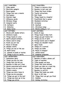 It's not a geklist, but is is a word association game, and as at the time of writing has just passed 10,000 entries. Scattergories Lists 1-12 Printable | Scattergories with ...
