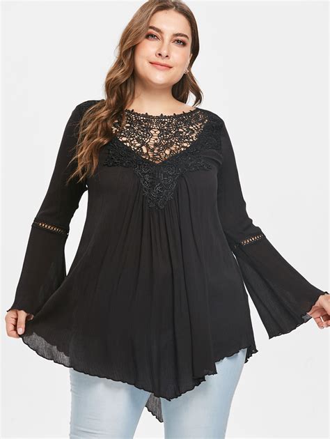 Wipalo Plus Size 5xl Asymmetrical Lace Panel Tunic Blouse Casual Solid O Neck Flare Long Sleeve