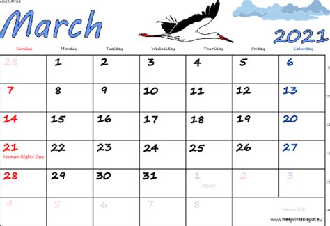 March 2021 South Africa Calendar Free Printable Pdf