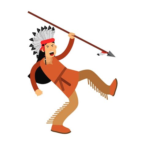 indio nativo americano en traje típico y tocado con lanza vector ilustración aislada sobre fondo
