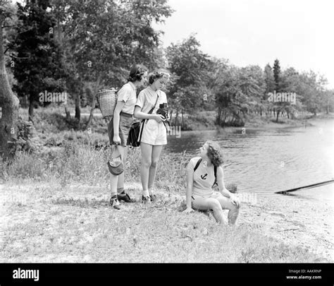 Three Young Ladies Women Woods Lake Sitting Nature Camera Photographer