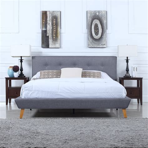 Mid Century Grey Linen Low Profile Platform Bed Frame With Tufted
