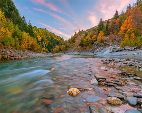 Canyon In Autumn Colors Mountain River Stones Gravel Tree Forest With