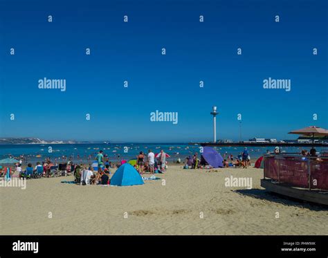 Weymoth Beach With Jurassic Skyline Observation Tower In The Distance Weymouth Dorset England