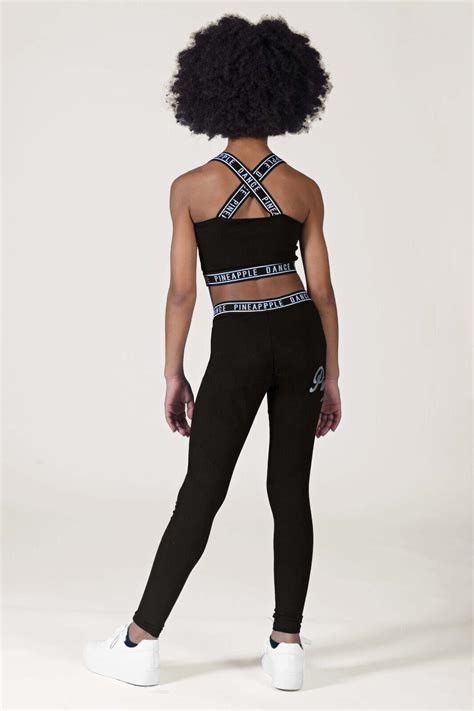 Pineapple Dancewear Girls Black Jacquard Top Cross Back Silver Logo