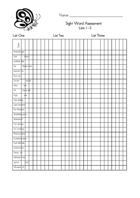 Dolch Sight Word Skills Assessment Form Printable Pdf Download