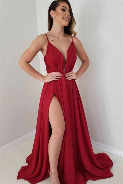 Simple Deep Red Chiffon Long Side Slit Prom Dress Evening Dress