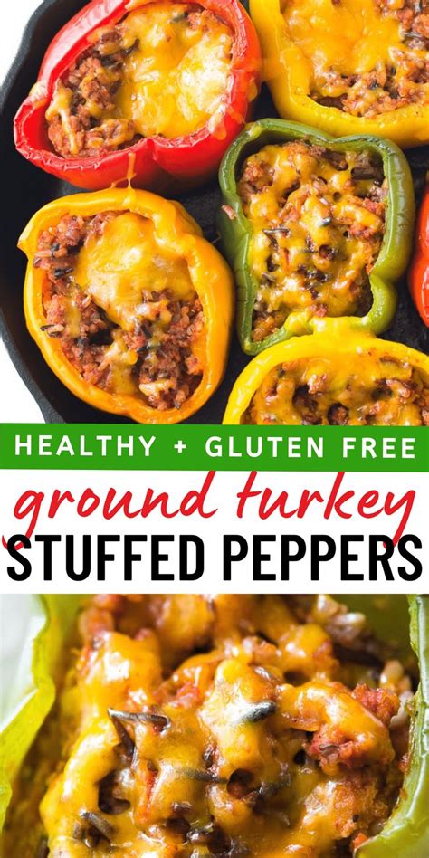 Stuffed Peppers In A Pan With Text Overlay That Reads Healthy And
