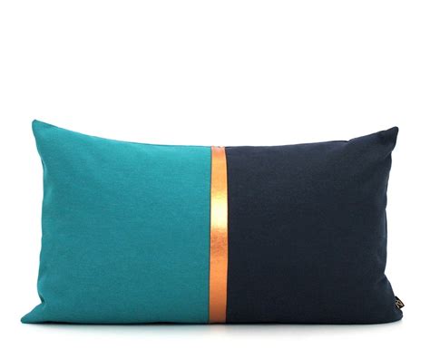 Dark Teal Navy Blue And Metallic Copper Lumbar Pillow Etsy