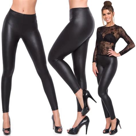 ladies black wet look faux leather leggings shiny stretchy high waist uk £5 25 picclick uk