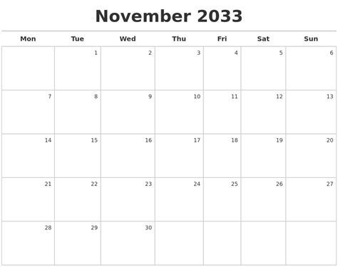 November 2033 Calendar Maker