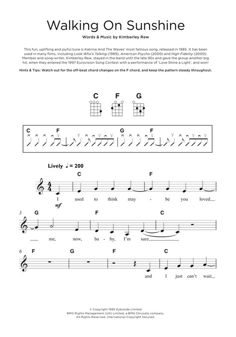 They're designed for playing and singing, or as an instrumental duet with basic chords and melody. Walking On Sunshine Sheet Music | Katrina and the Waves | Beginner Ukulele