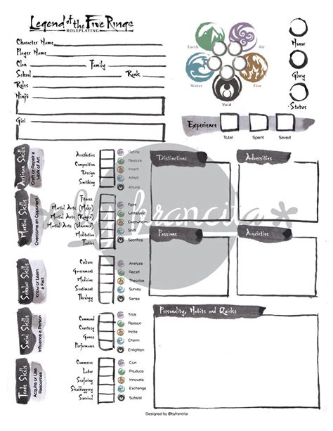 Legend Of The Five Rings Character Sheet Redesign Reference Etsy