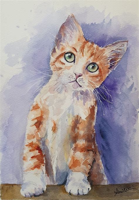 Ginger Kitten Cat Original Watercolor Painting Tabby Kitten Cat Wall