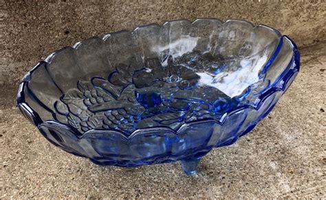 Indiana Glass Footed Fruit Bowl Embossed Harvest Fruit Bowl Vintage 70s Blue Serving Dish