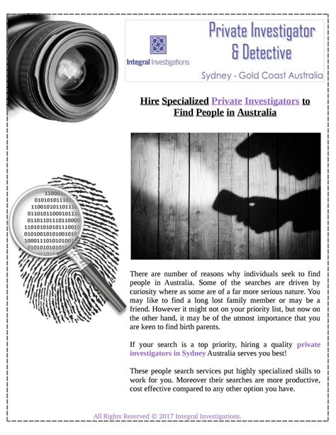Remember that some investigation services will be a set fee rather than an hourly fee. Hire Private Investigator to Find People in Australia by ...