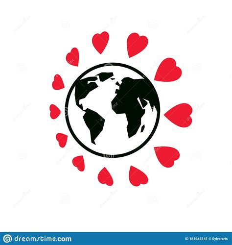 Earth Globe Map With Hearts Around It Vector Logo Or Icon Isolated On