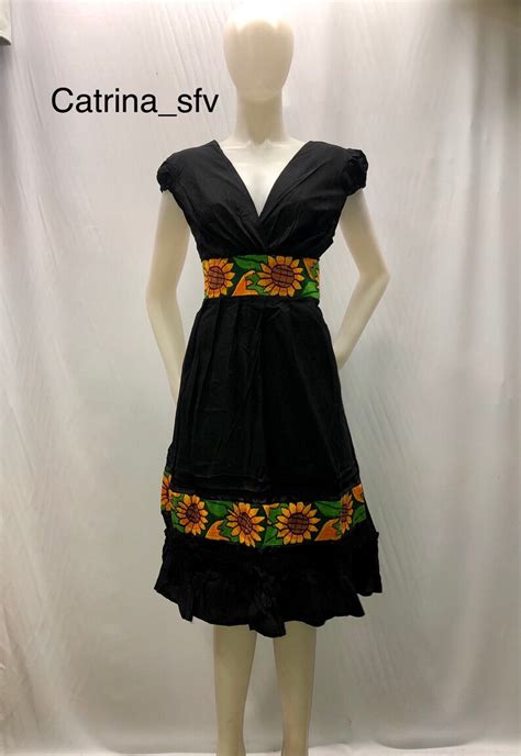 Mexican Dress Black Mexican Dress Handmade Dress Sunflower Etsy