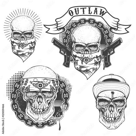 Vecteur Stock Set Of Gangster Tattoo Hand Drawn Skull With Bandana