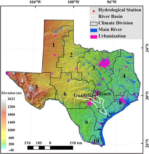 The Wrf Model Domain And Topography Over 10 Climate Divisions In Texas