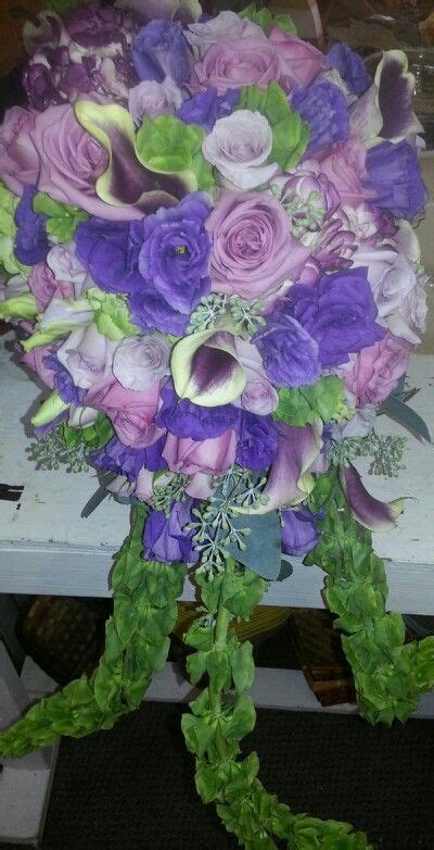 Cascading Bridal Bouquetbells Of Ireland Purple Roses Purple