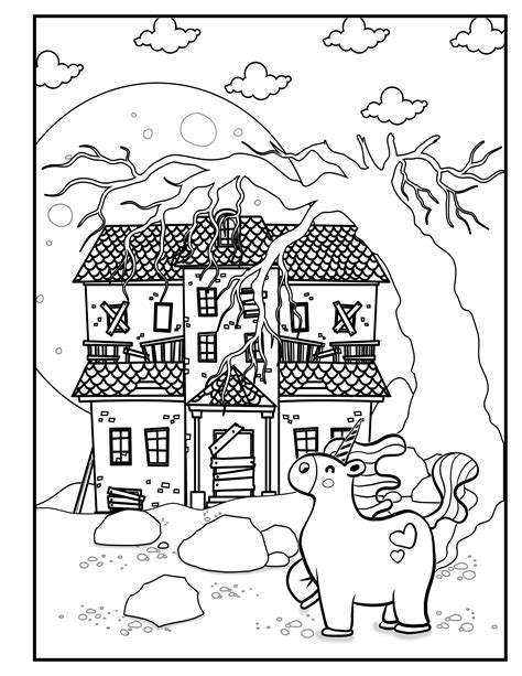 These fun and educational free unicorn coloring pages to print will allow children to travel to a fantasy land full of wonders, while learning about this magical creature. Unicorn guards creepy house. Unicorn Halloween. Unicorn ...