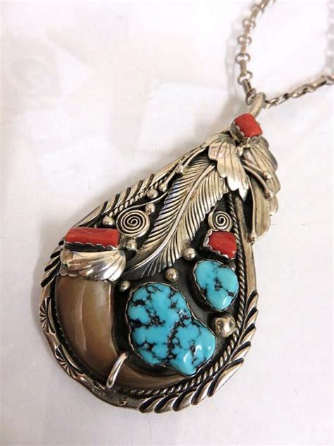 Vintage Sterling Silver Turquoise Coral Pendant By Navajo Artisan