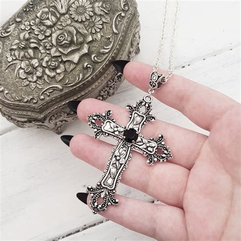 Gothic Cross Necklace Large Silver Tone Cross With Jewel Etsy Uk