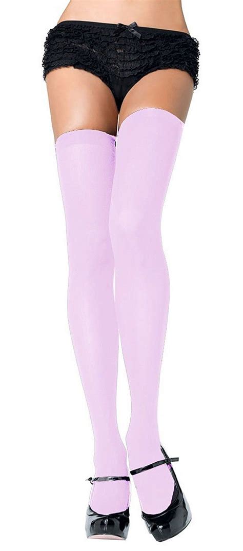 Women One Size Light Pink Opaque Thigh High Stockings Clothing Thigh High
