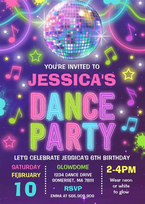 Neon Glow Dance Party Birthday Invitations Girls Birthday Party