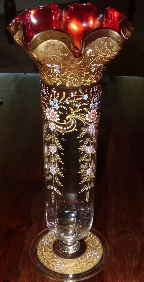 Antique Moser Electric Red Jeweled Art Glass Vase Ornate Gilt Enamel Bohemian Стеклянная ваза