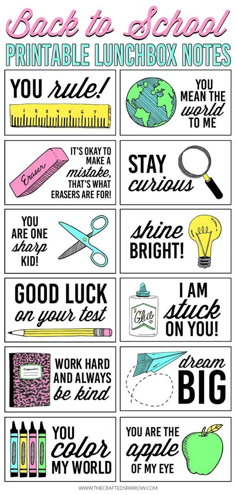 Back To School Printable Lunchbox Notes Kids Lunch Box Notes School