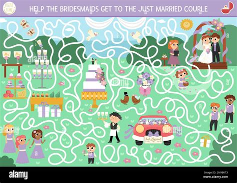 Wedding maze for kids with bride, groom, cake, guests. preschool