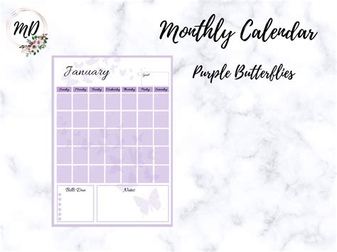 Monthly Calendar Printable Instant Download Purple Etsy Monthly