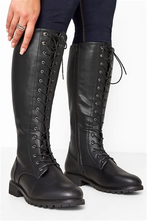 Black Faux Leather Lace Up Knee High Boots In Extra Wide Fit Long