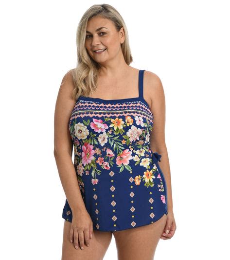 Maxine Womens Plus Size Border Blooms Bandeau Sarong One Piece