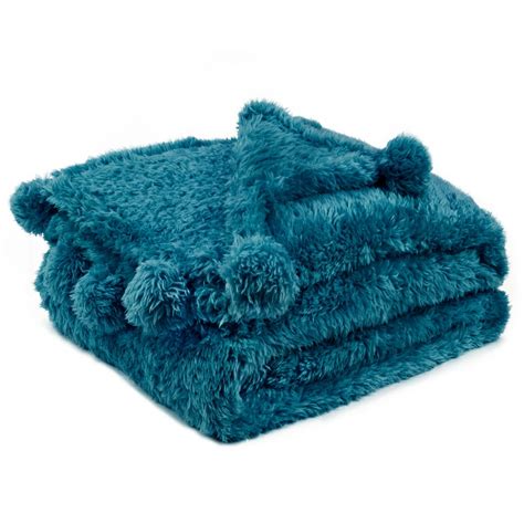 Pavilia Teal Blue Sherpa Throw Blanket For Couch Pom Pom Fluffy