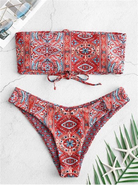 37 OFF 2021 ZAFUL Ethnic Floral Lace Up Reversible Bikini Set In