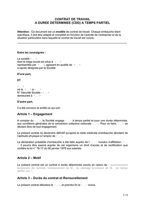 Modelé de CDD a temps partiel DOC PDF page sur